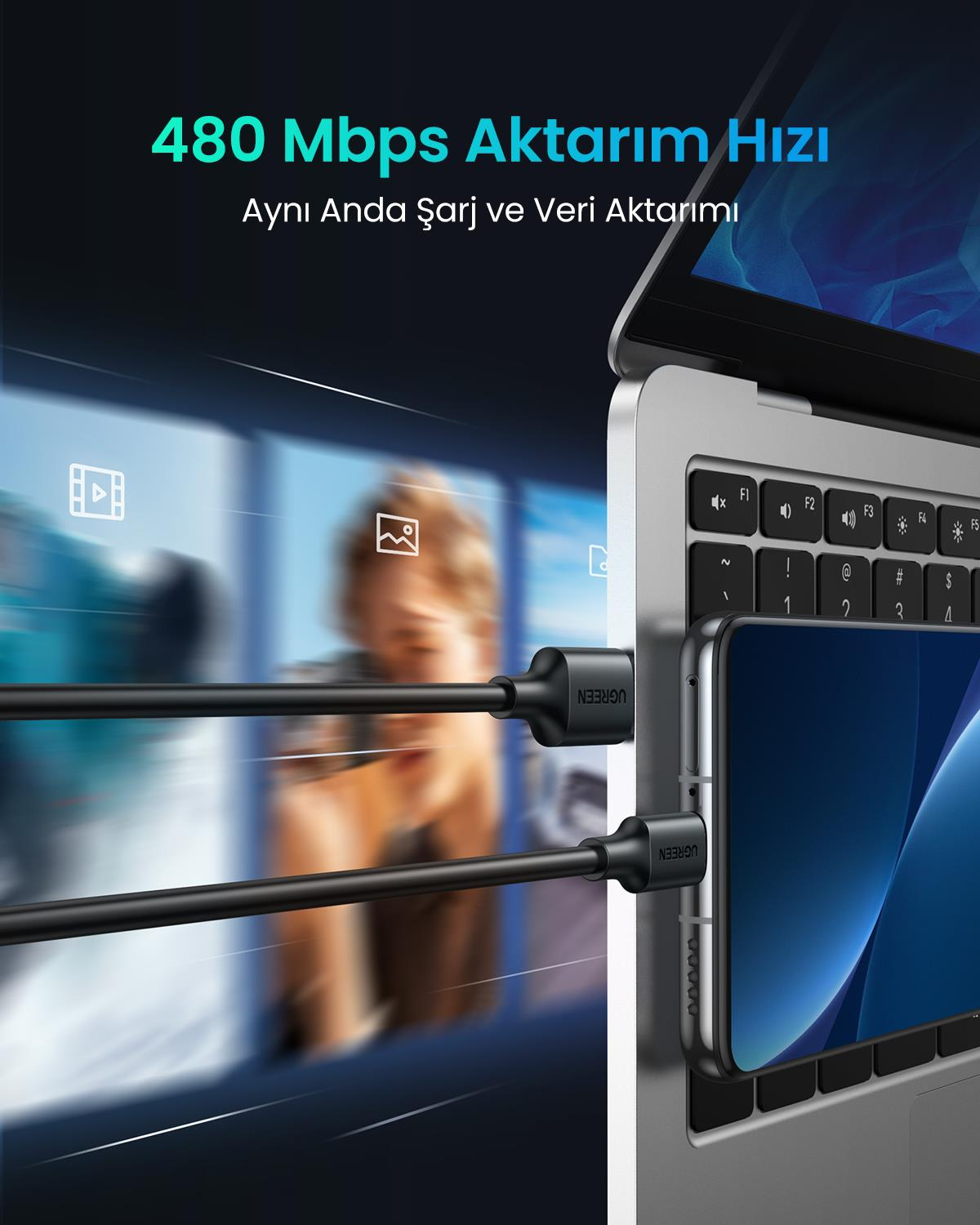 UGREEN USB-C to USB-A Şarj Kablosu, 1M, Siyah