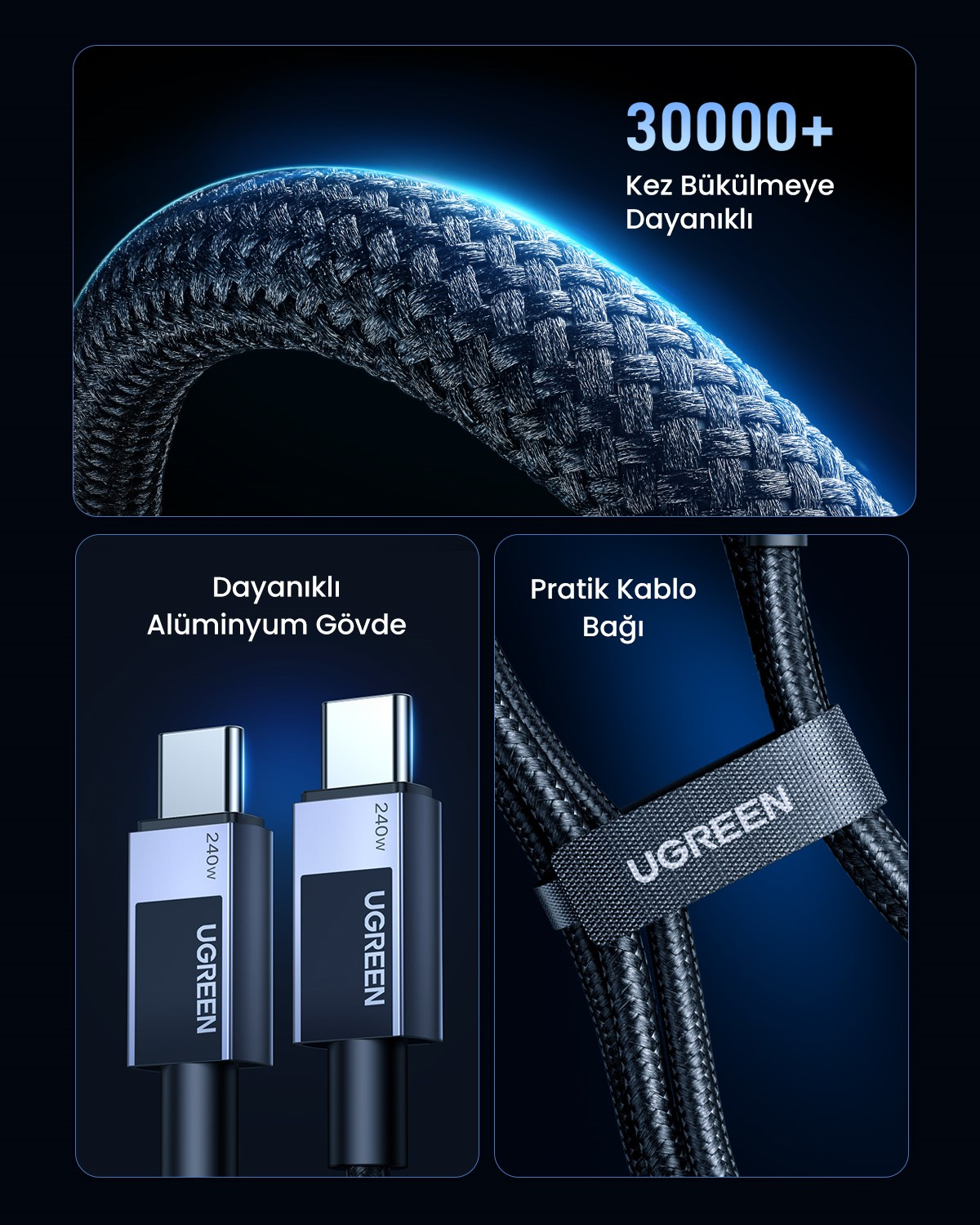 UGREEN USB-C to USB-C 240W PD Hızlı Şarj Kablosu, Uzay Grisi, 1m, 45067