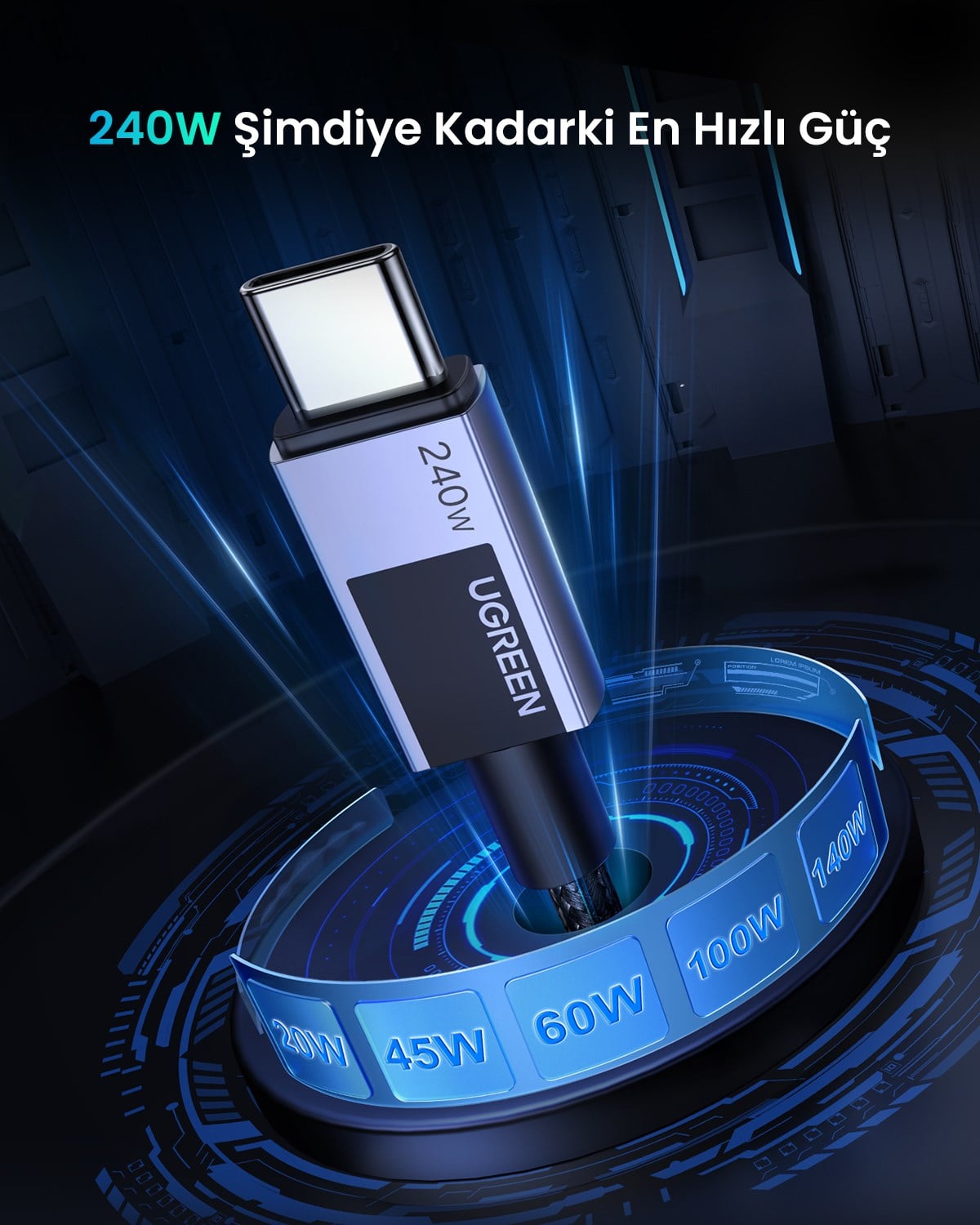 UGREEN USB-C to USB-C 240W PD Hızlı Şarj Kablosu, Uzay Grisi, 1m, 45067