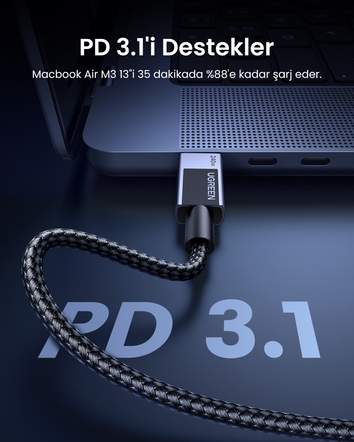 UGREEN USB-C to USB-C 240W PD Hızlı Şarj Kablosu, Uzay Grisi, 2m, 45068
