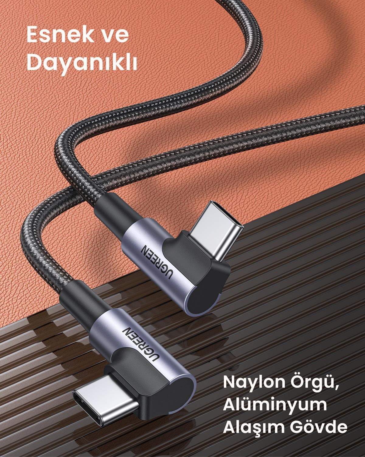 UGREEN USB-C to USB-C 90 Derece Şarj Kablosu, 2M