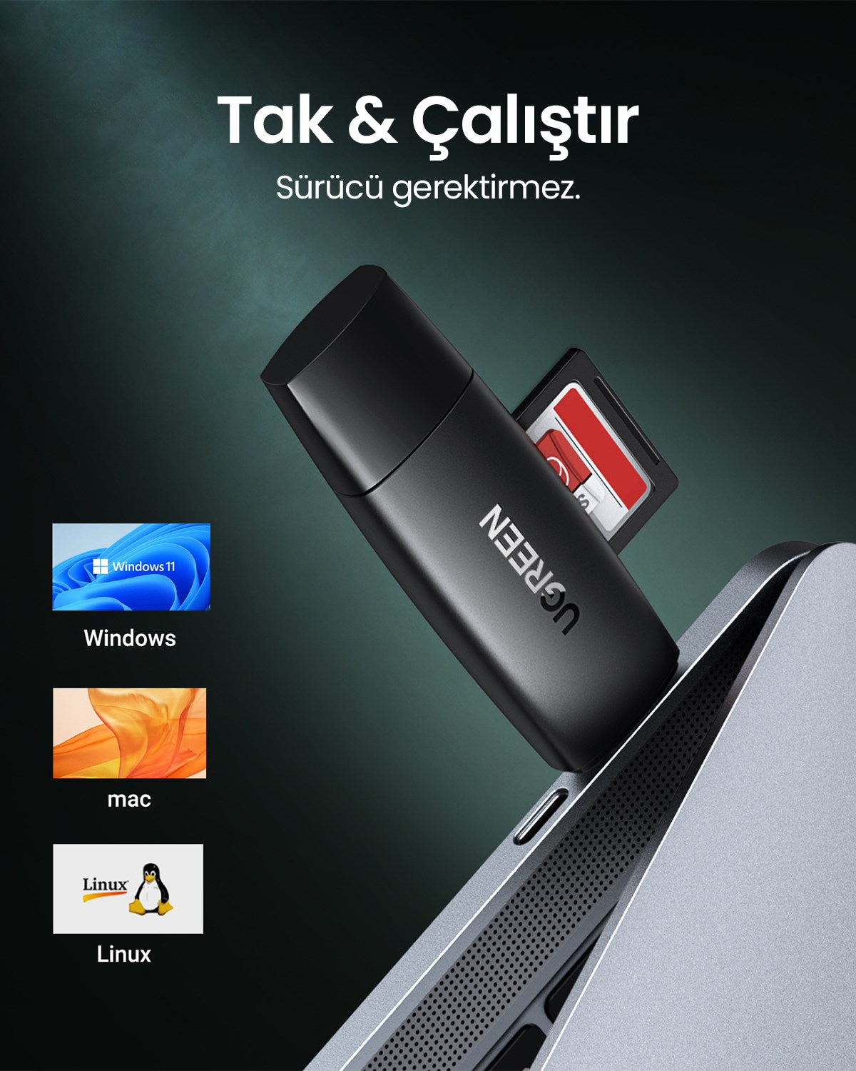 UGREEN USB-C ve USB-A 3.0 SD MicroSD Kart Okuyucu, 80191