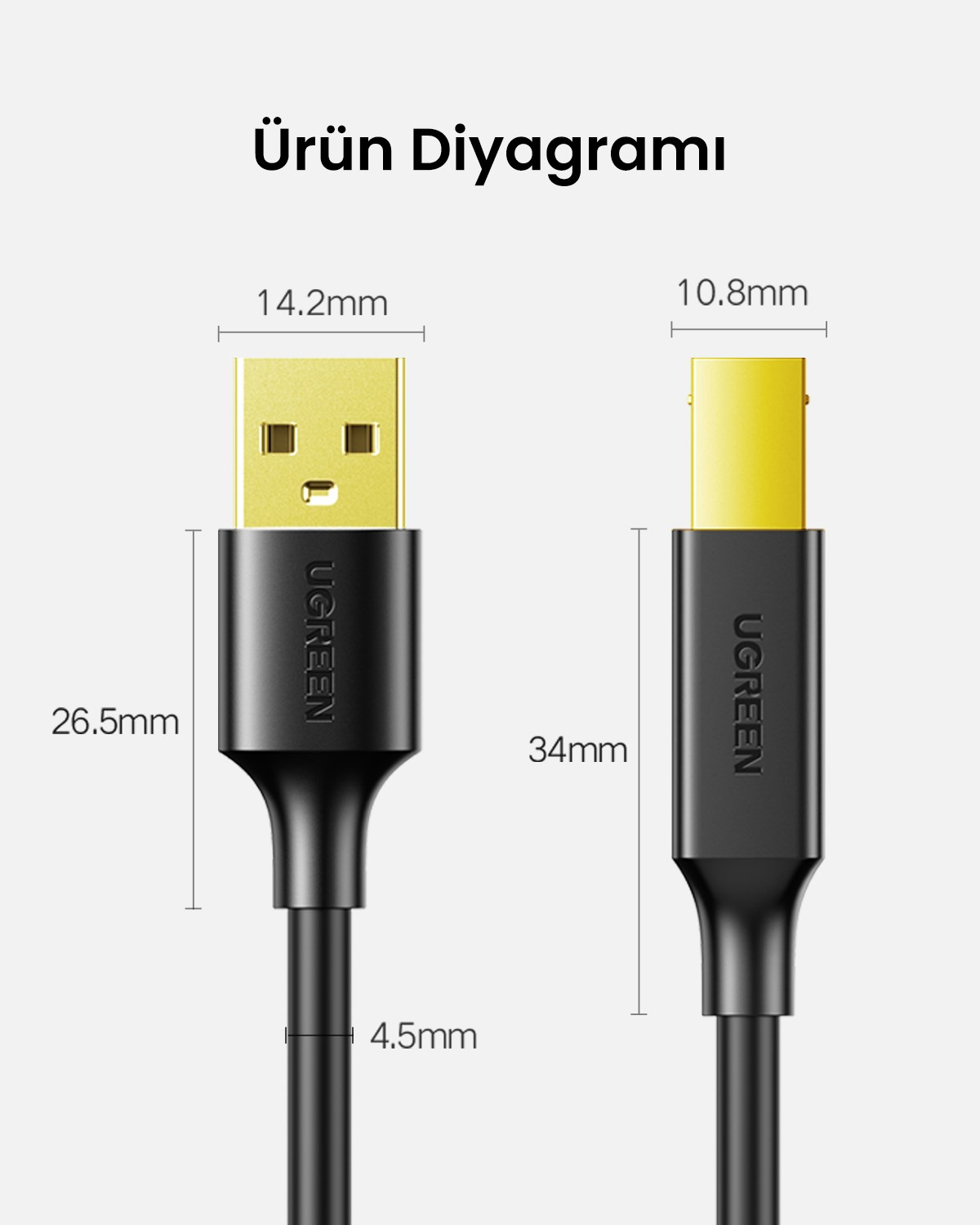 UGREEN USB den USB-B ye Yazıcı Tarayıcı Kablosu, 1.5 Metre, 10350