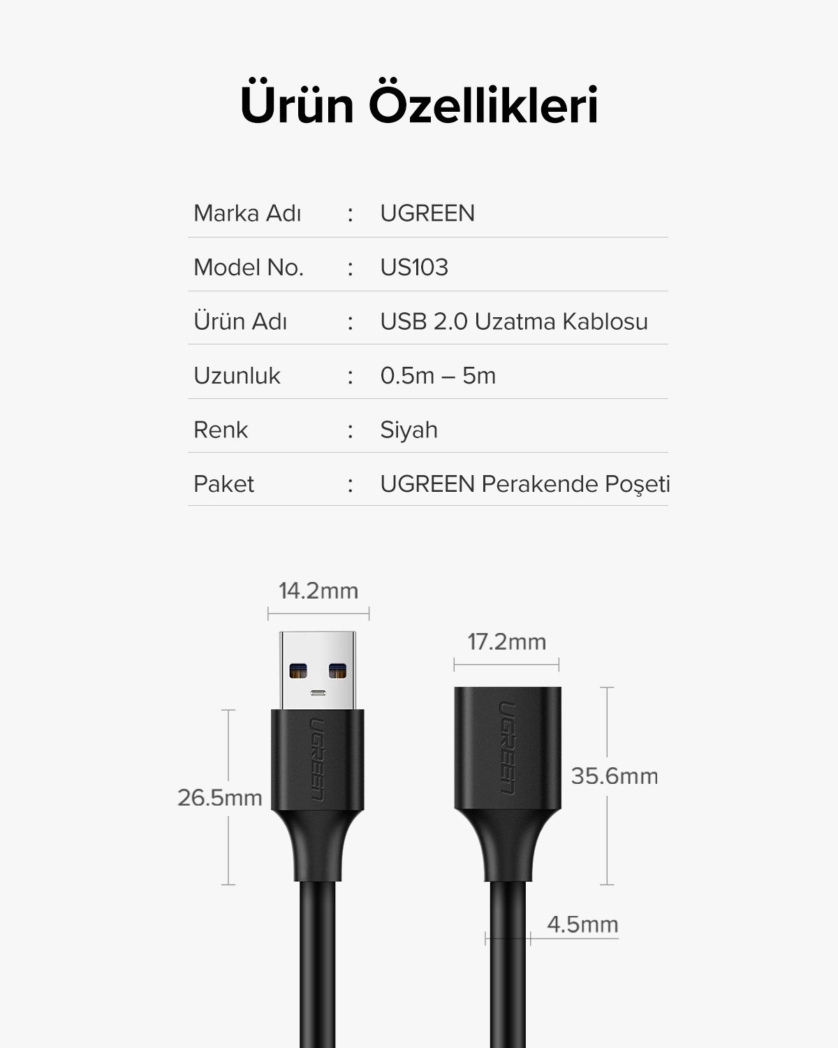UGREEN USB Uzatma Kablosu 50 Cm, Siyah, 10313