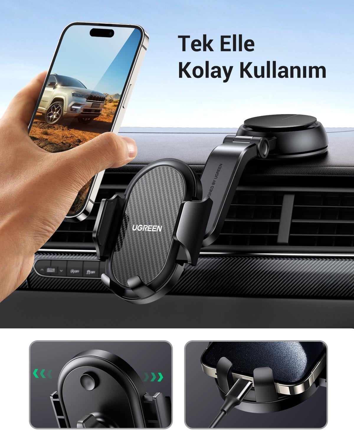 UGREEN Vantuzlu Uzayan Ayarlanabilir Mekanik Telefon Tutucu, Siyah, 20473