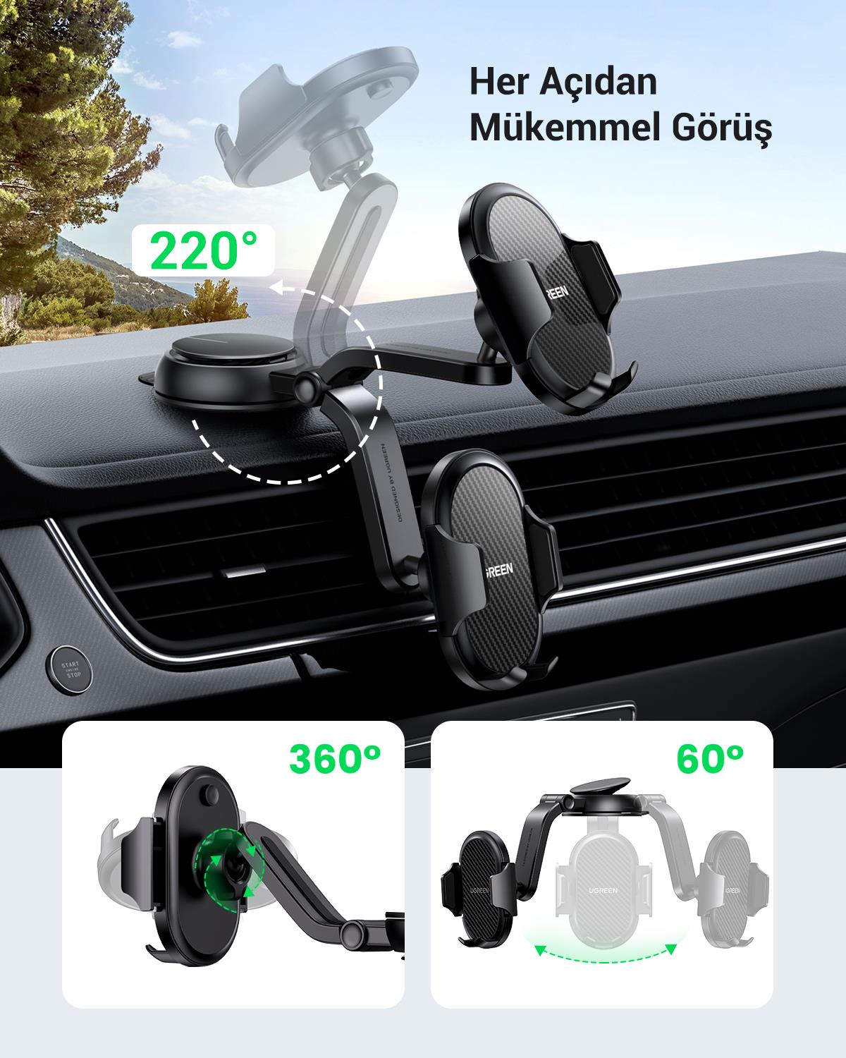 UGREEN Vantuzlu Uzayan Ayarlanabilir Mekanik Telefon Tutucu, Siyah, 20473