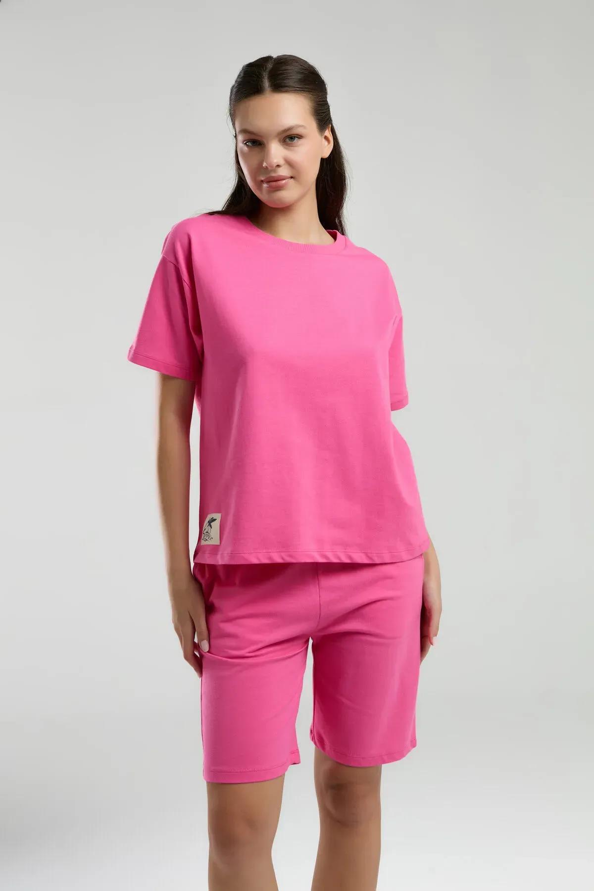 %100 Pamuk Pembe Bermuda Takım