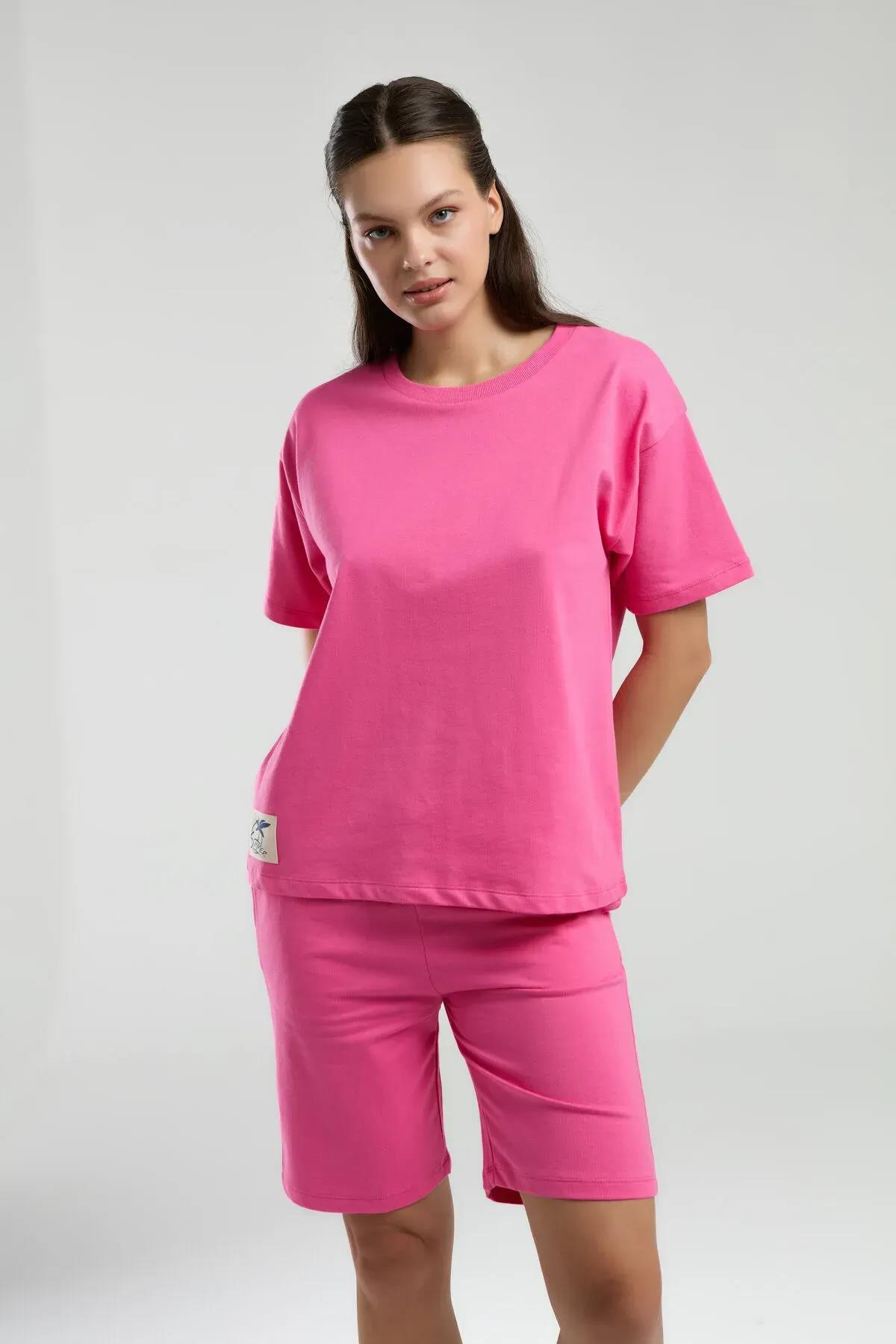 %100 Pamuk Pembe Bermuda Takım