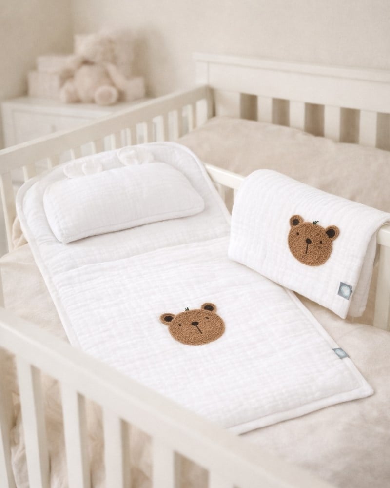 Bebek Altaçma Seti Müslin Teddy Beyaz 40 x 70 cm
