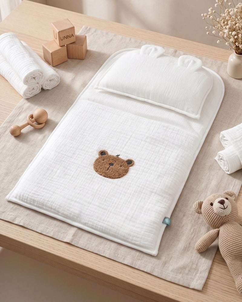 Bebek Altaçma Seti Müslin Teddy Beyaz 40 x 70 cm