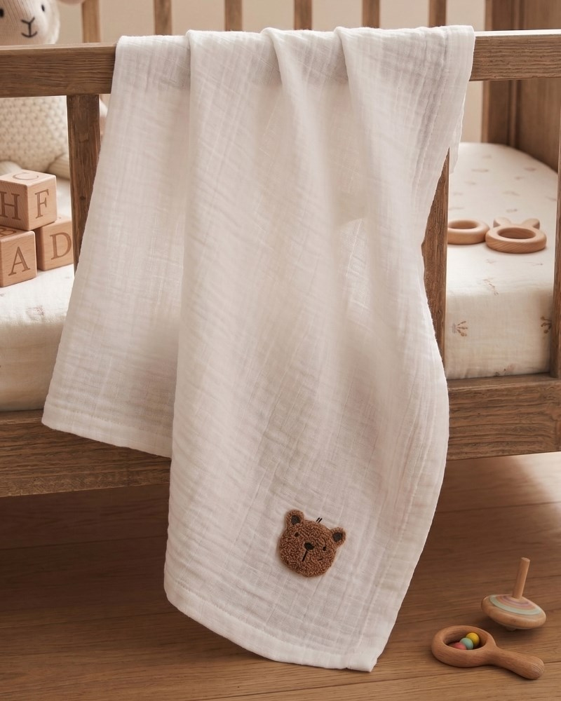 Bebek Battaniyesi Müslin Teddy Beyaz 120 x 120 cm