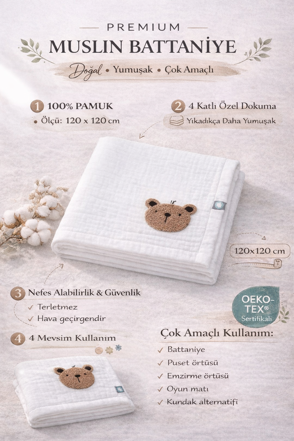 Bebek Battaniyesi Müslin Teddy Beyaz 120 x 120 cm