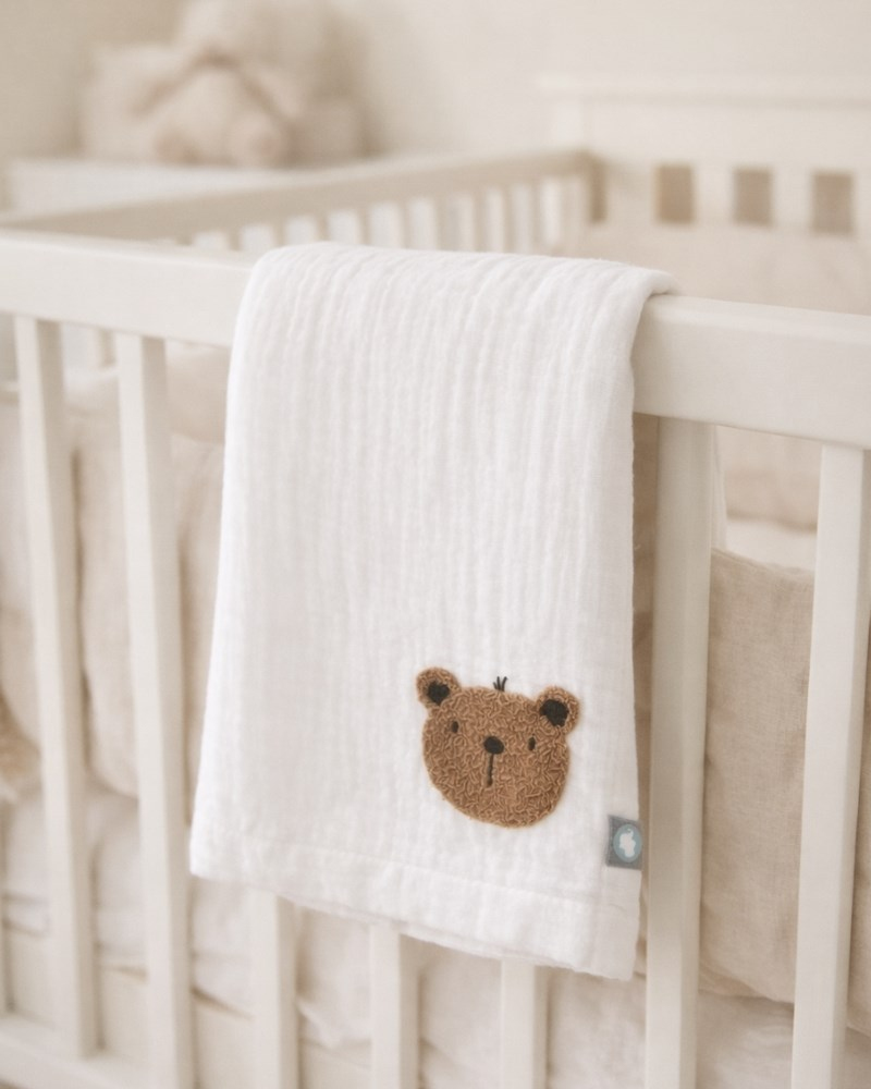 Bebek Battaniyesi Müslin Teddy Beyaz 120 x 120 cm