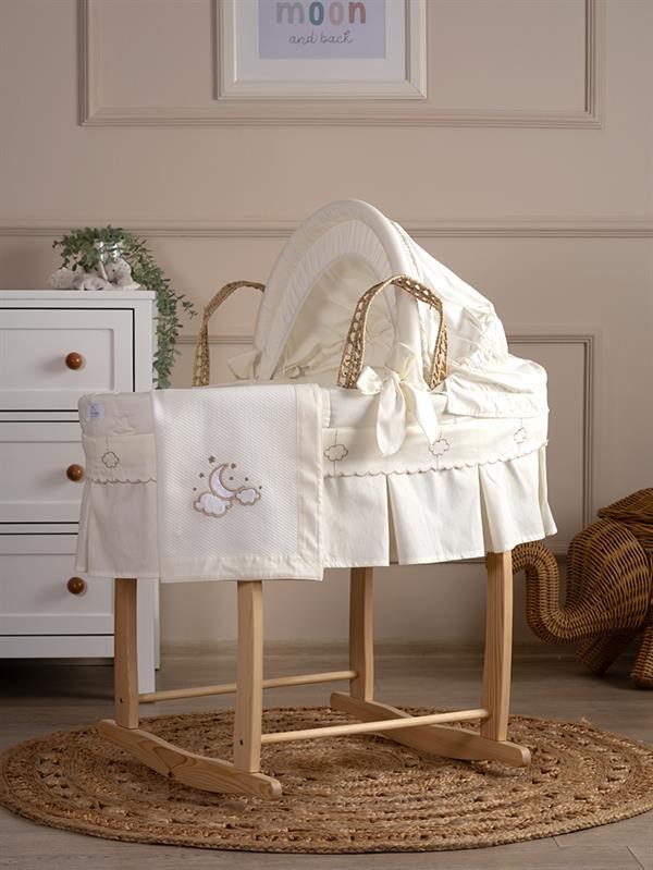 Bebek Hasır Sepet Beşik Seti Sallanır Ayaklı Luna Elegant Ekru 85 cm