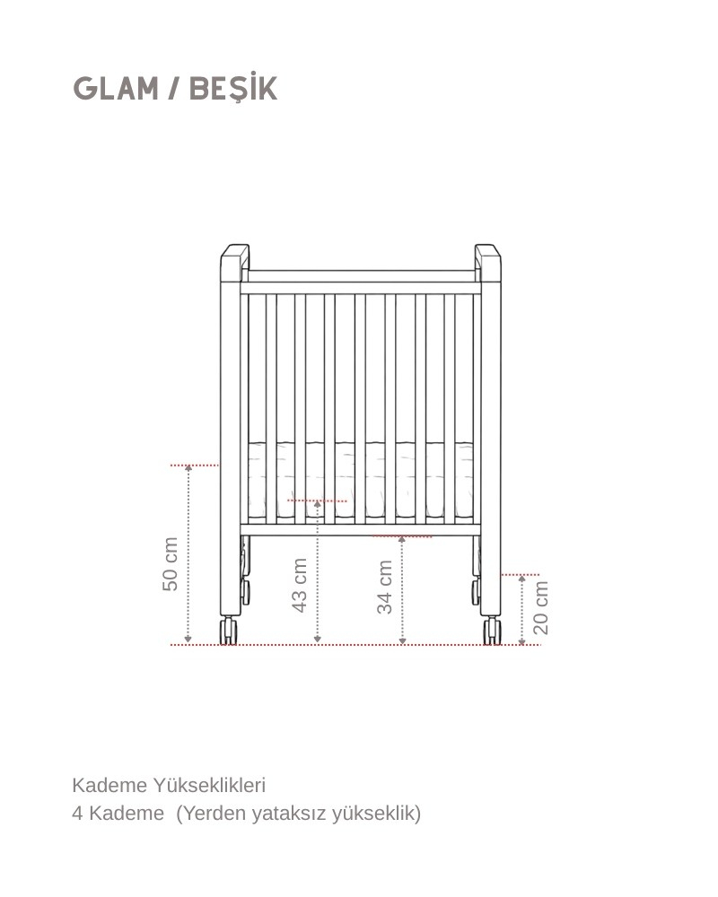 Büyüyen Ahşap Bebek Beşiği İç Yataklı Glam Beyaz 71 x 130 cm