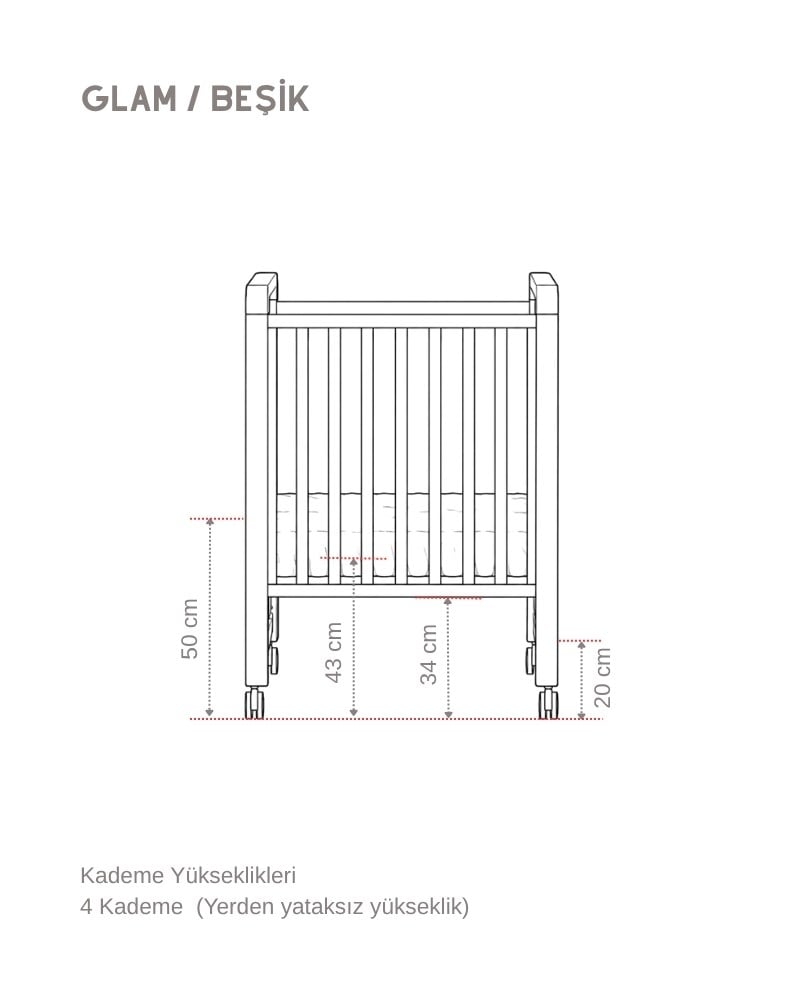 Büyüyen Ahşap Bebek Beşiği İç Yataklı Glam Beyaz 71 x 130 cm