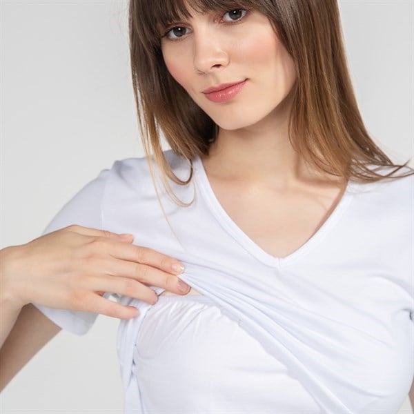 Emzirme T-Shirt V Yaka Nora Beyaz