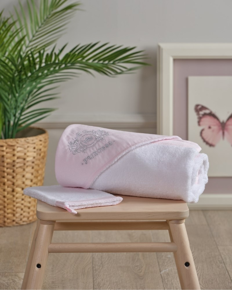 Üçgen Başlıklı Bebek Havlu Seti Princess Pembe 90 x 90 cm