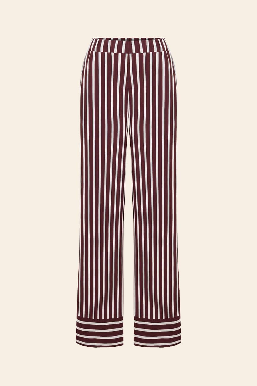 %100 Pamuklu Çizgili Gömlek Pijama Takımı / Bordo