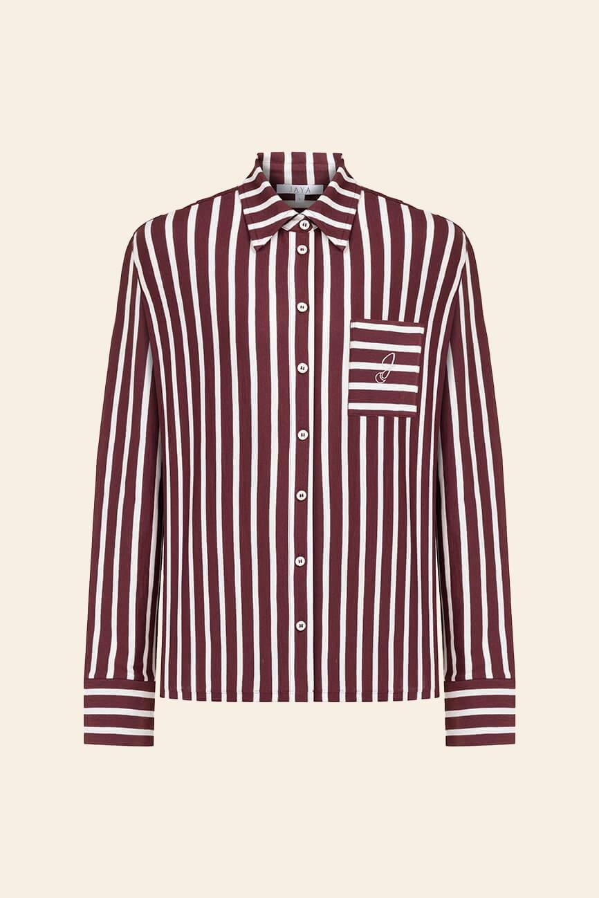 %100 Pamuklu Çizgili Gömlek Pijama Takımı / Bordo