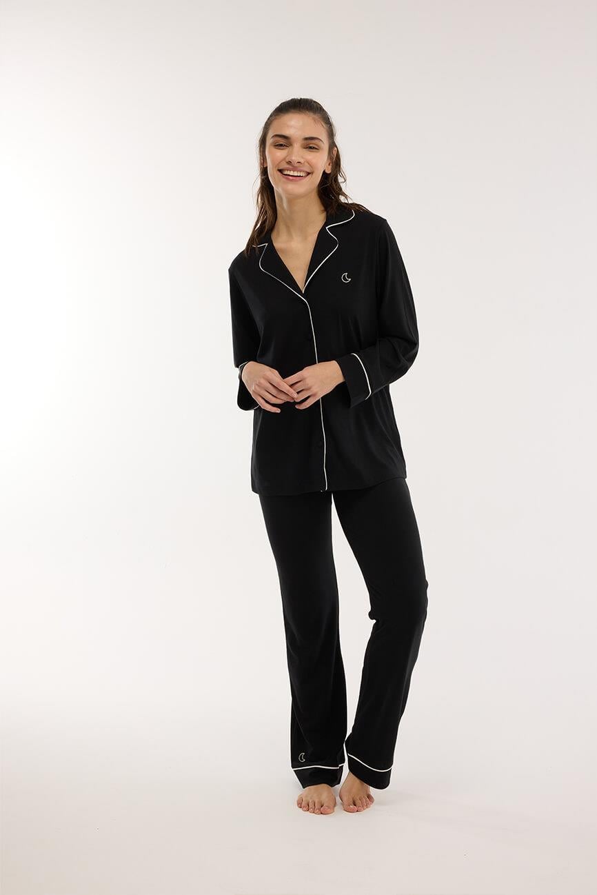 Modal Biyeli Uzun Kollu Pijama Takımı / Siyah