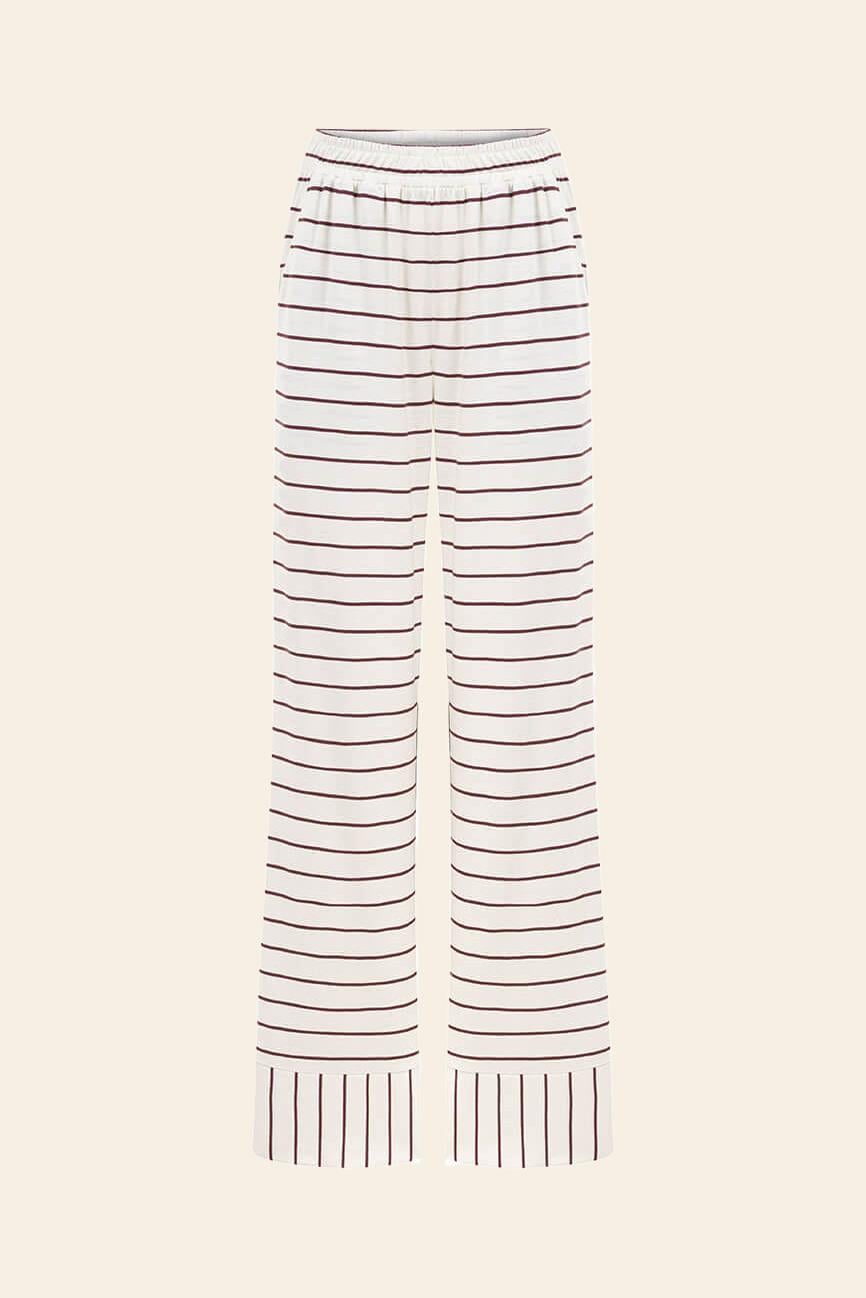 Pamuklu Çizgili  Uzun Kollu Pijama Takımı / Bordo