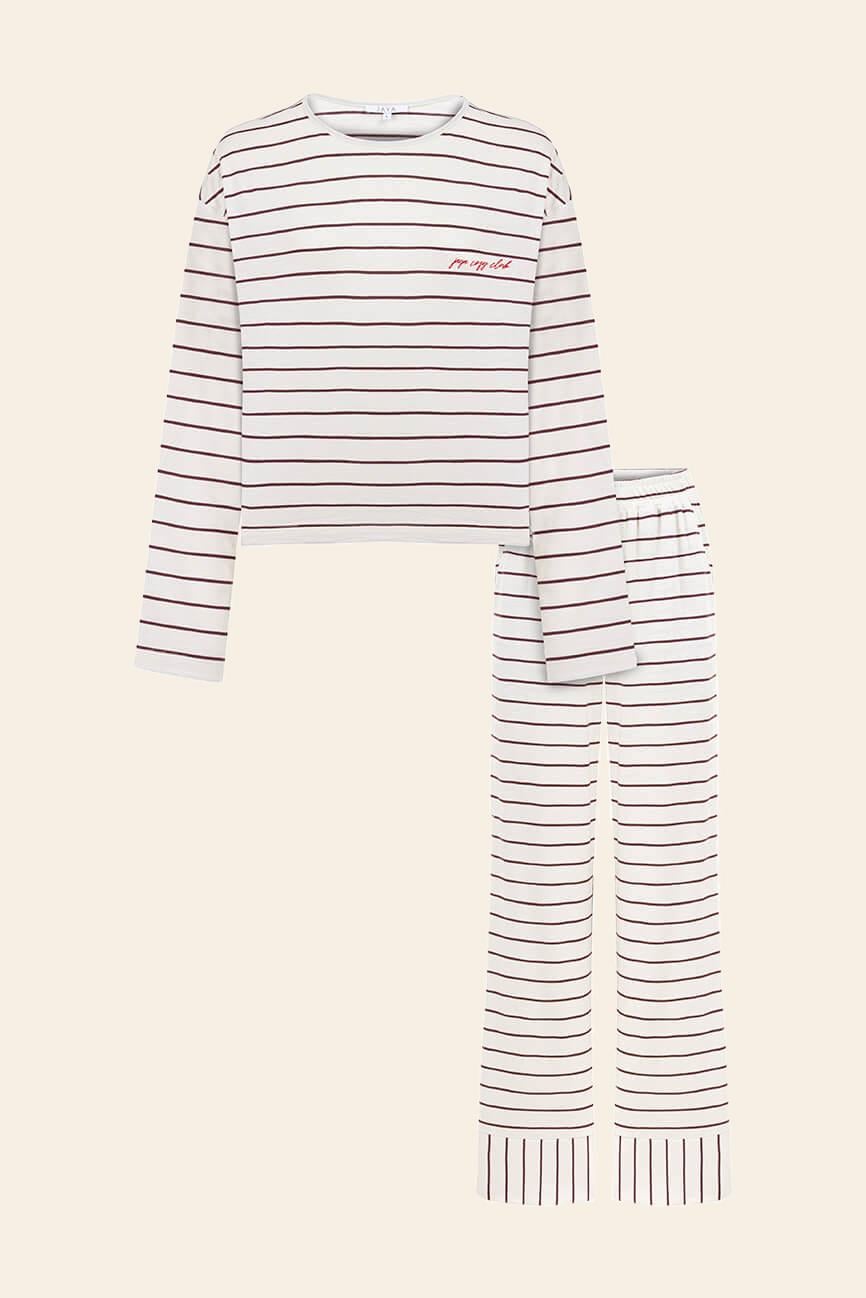 Pamuklu Çizgili  Uzun Kollu Pijama Takımı / Bordo