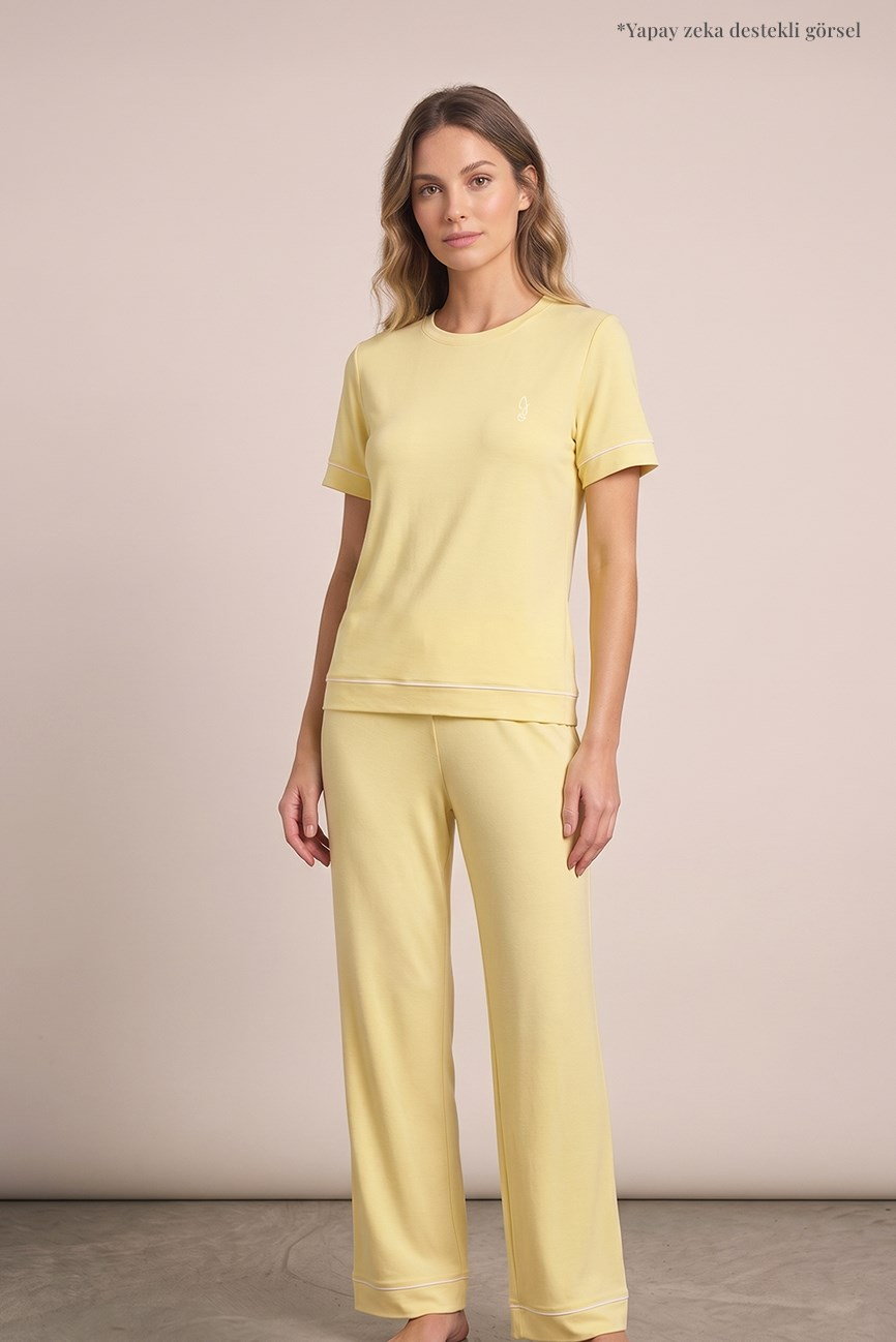 Pamuklu Kısa Kollu Pijama Takımı / Sarı
