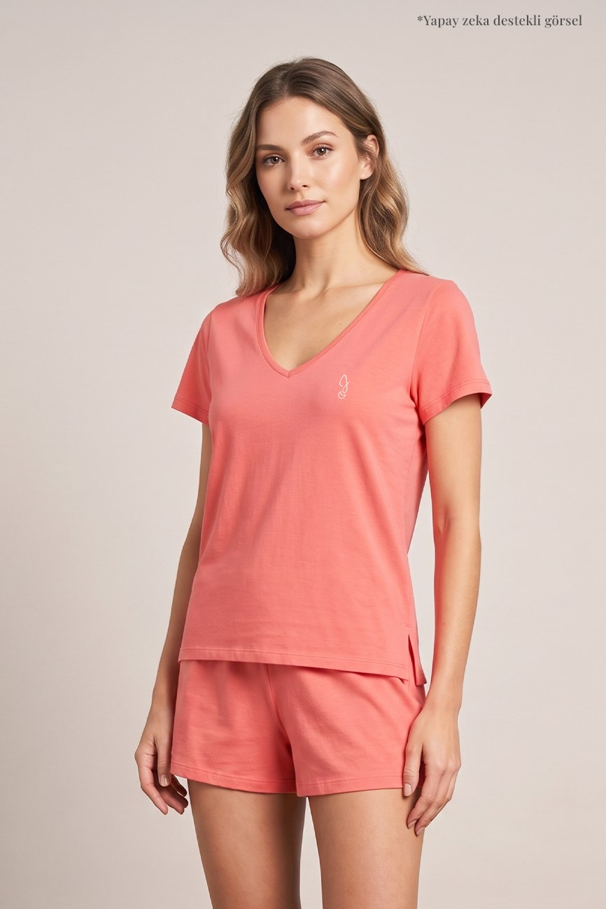 Pamuklu V Yaka Kısa Şortlu Pijama Takımı / Mercan 