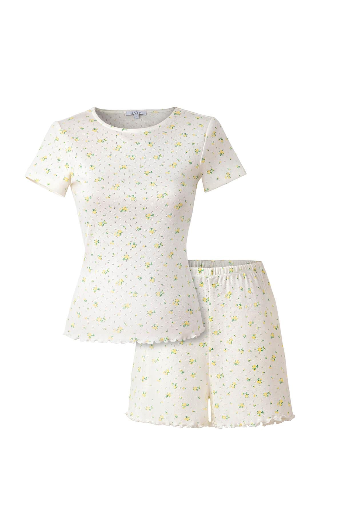Pointelle Sarı Çiçek Desenli Şortlu Pijama Takımı 