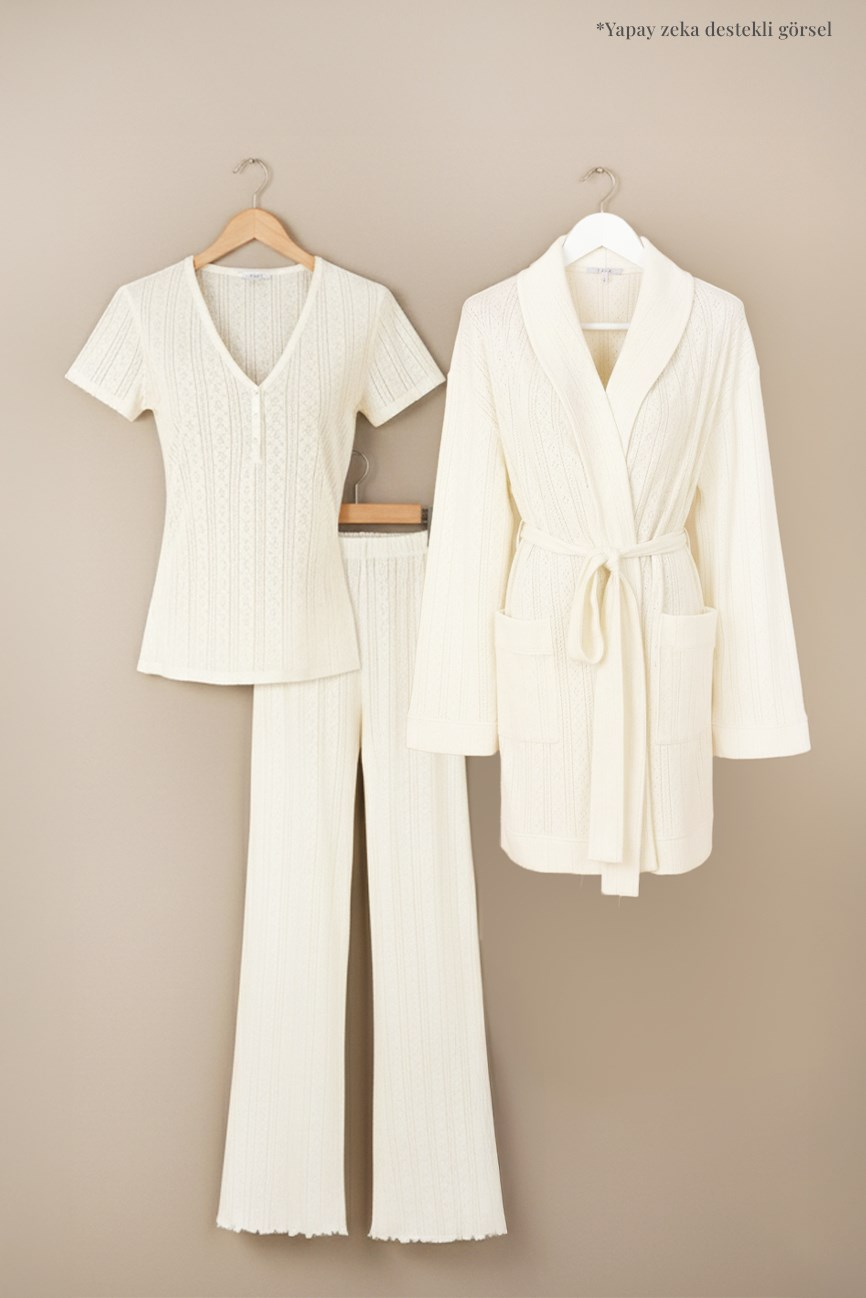 Pointelle V Yaka Pijama Takımı - Pointelle Sabahlık Set / Krem