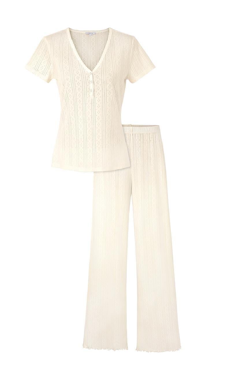 Pointelle V Yaka Pijama Takımı - Pointelle Sabahlık Set / Krem