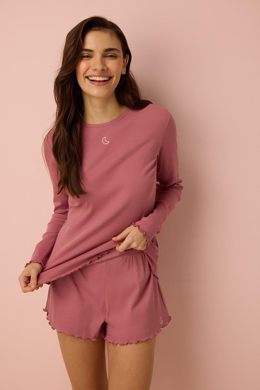 Ribana Uzun Kollu Şortlu Pijama Takımı / Pembe