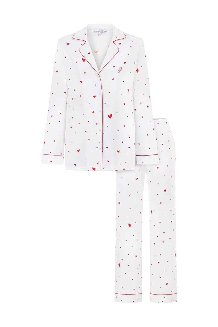 Viskon Kalp Desenli Biyeli Pijama Takımı / Beyaz