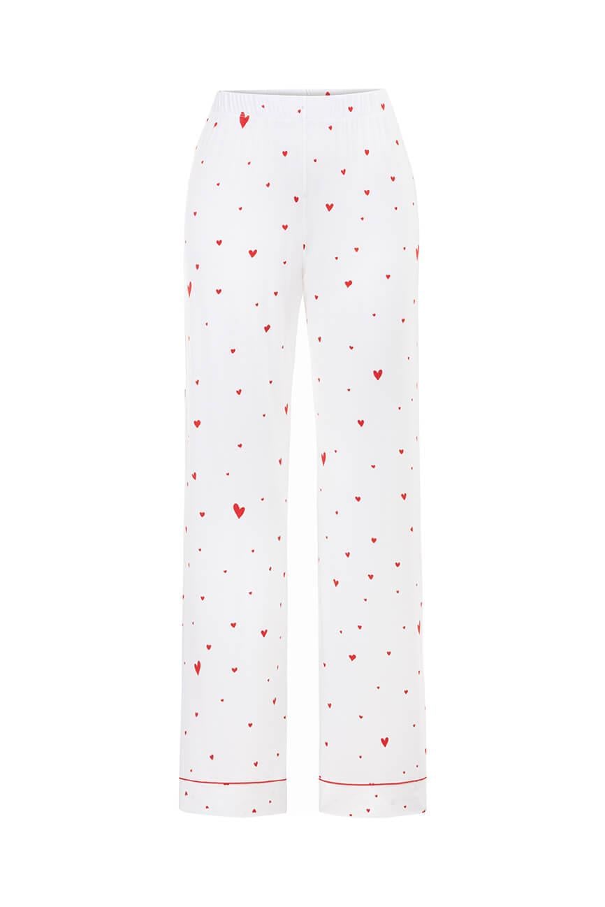 Viskon Kalp Desenli Biyeli Pijama Takımı / Beyaz