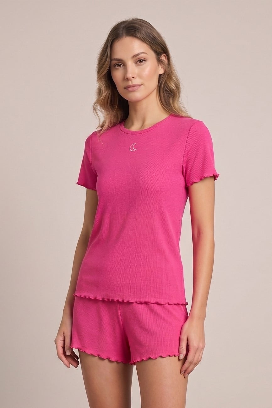 Viskon Ribana Kısa Şortlu Pijama Takımı / Pembe