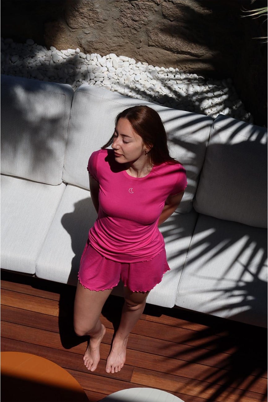 Viskon Ribana Kısa Şortlu Pijama Takımı / Pembe