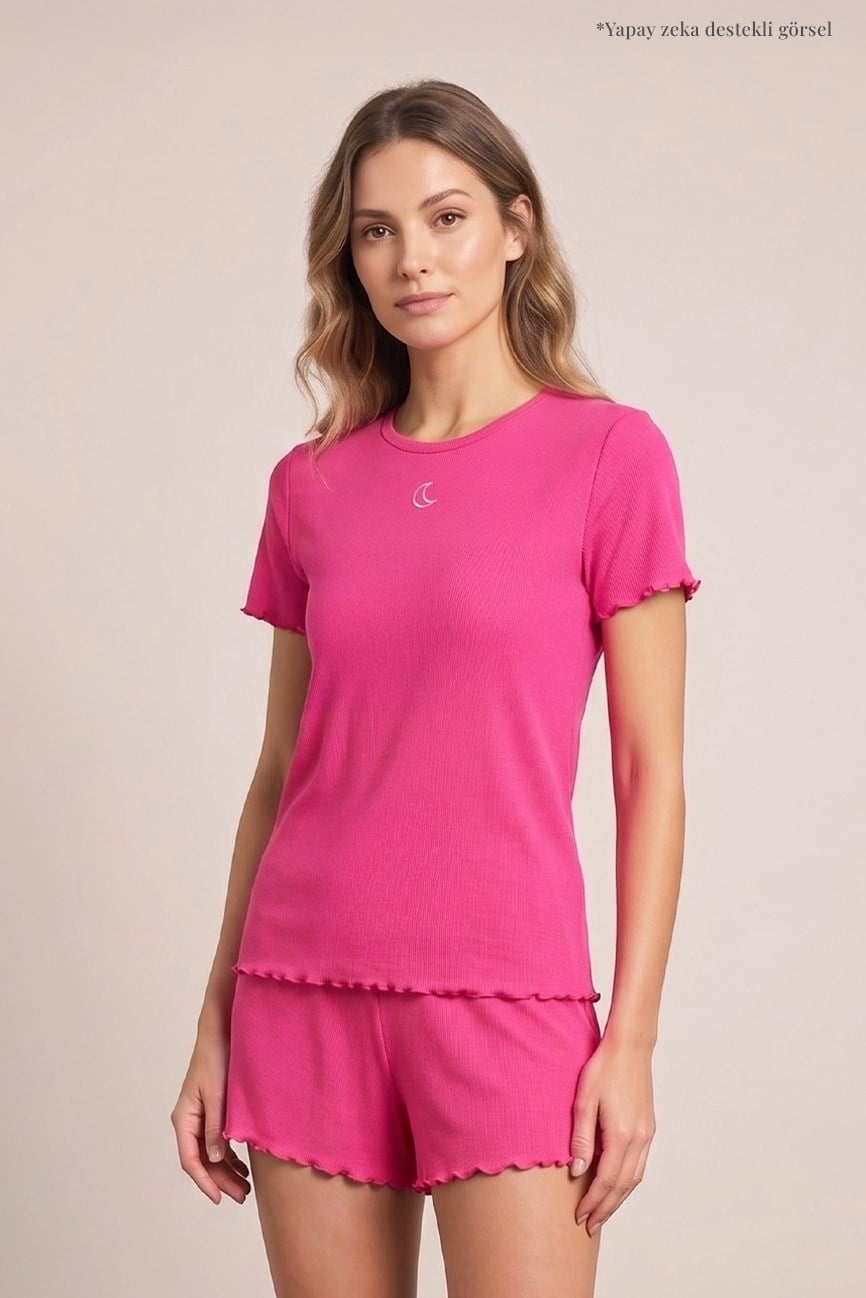 Viskon Ribana Kısa Şortlu Pijama Takımı / Pembe