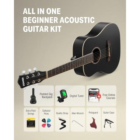 Donner DAT-110D Dreadnought Travel Akustik Gitar Seti (Siyah)