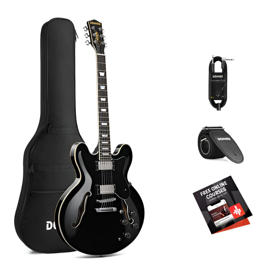 Donner DJP-1000 Semi-Hollow Elektro Gitar (Siyah)