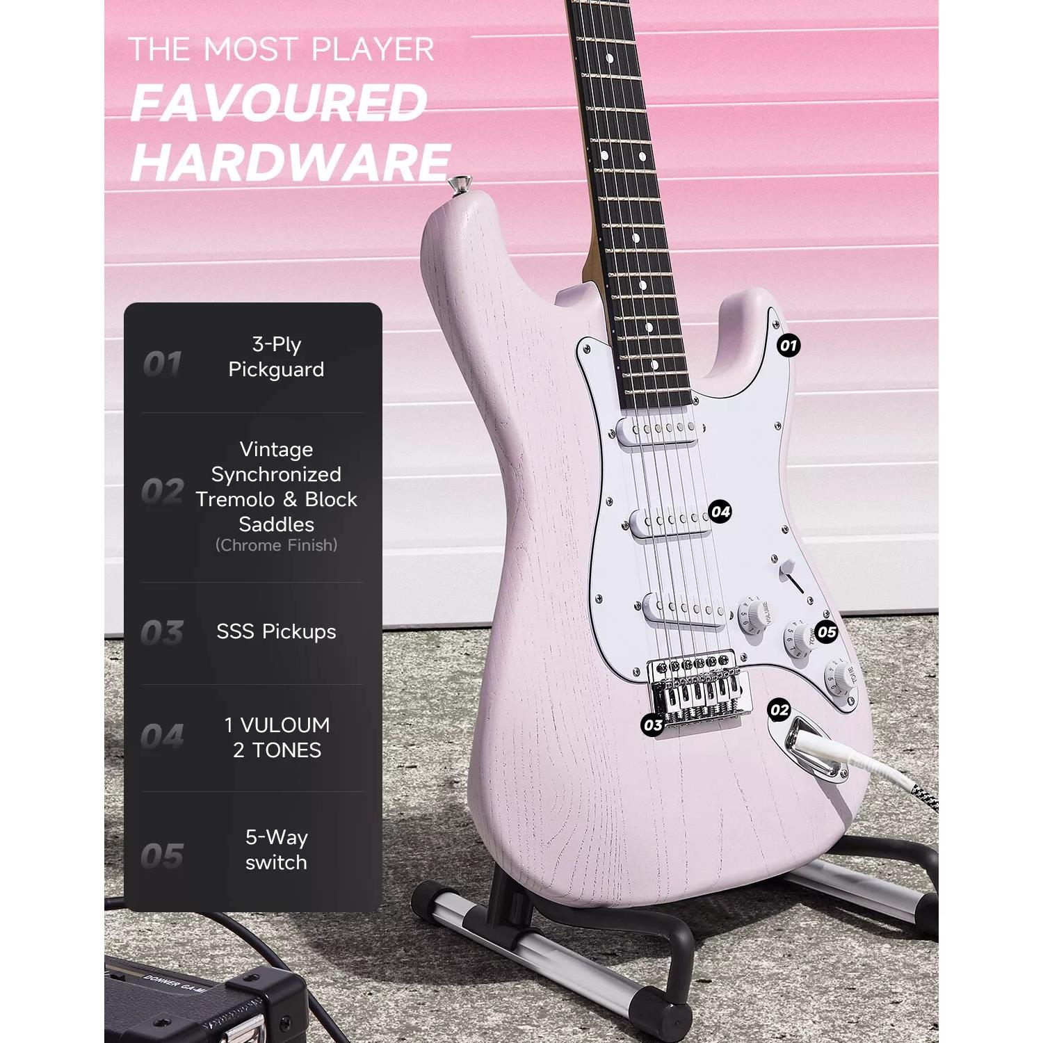 Donner DST-80 ST Elektro Gitar Seti (Pembe)
