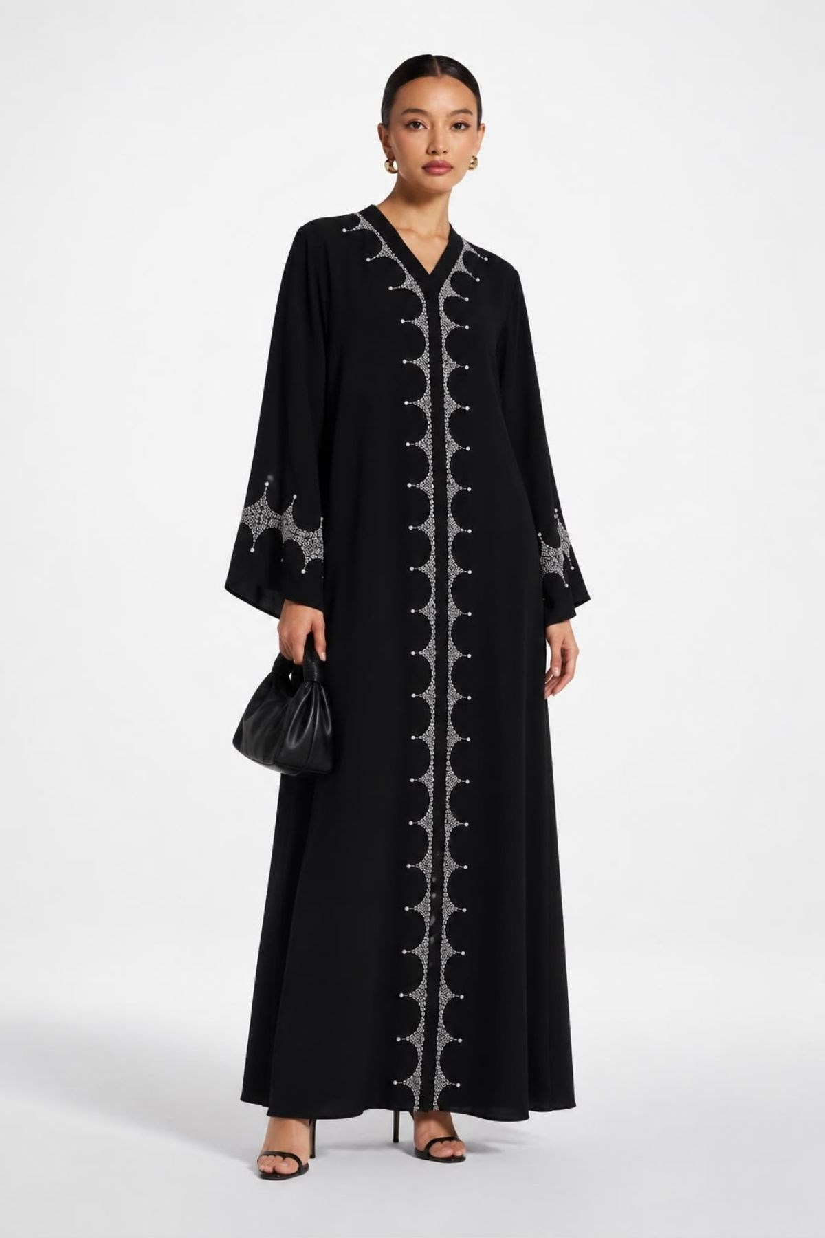  Modern Taş İşlemeli Özel Tasarım Siyah Abaya
