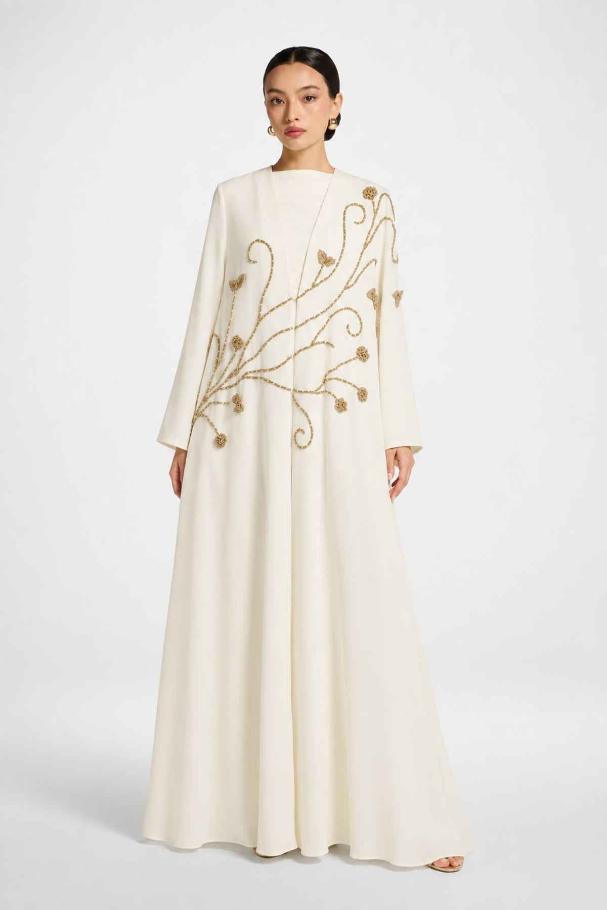 Ekru Gold Nakışlı Çiçek ve Sarmaşık Desenli Uzun Abaya