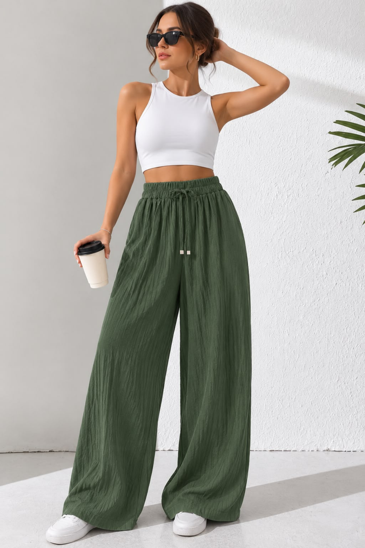 Haki Beli Lastikli Bol Paça Pantolon