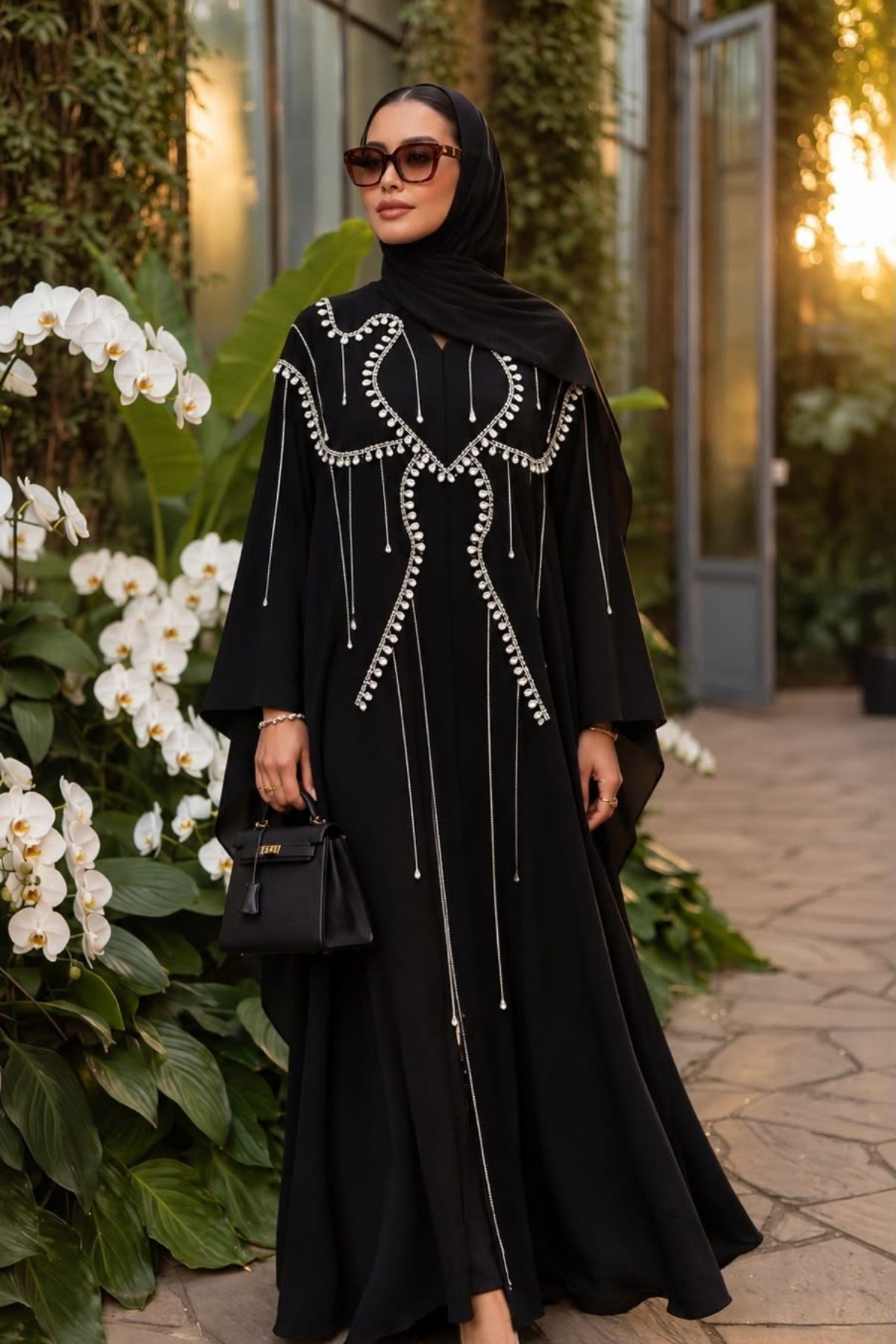 İri Taş İşlemeli Özel Tasarım Siyah Abaya