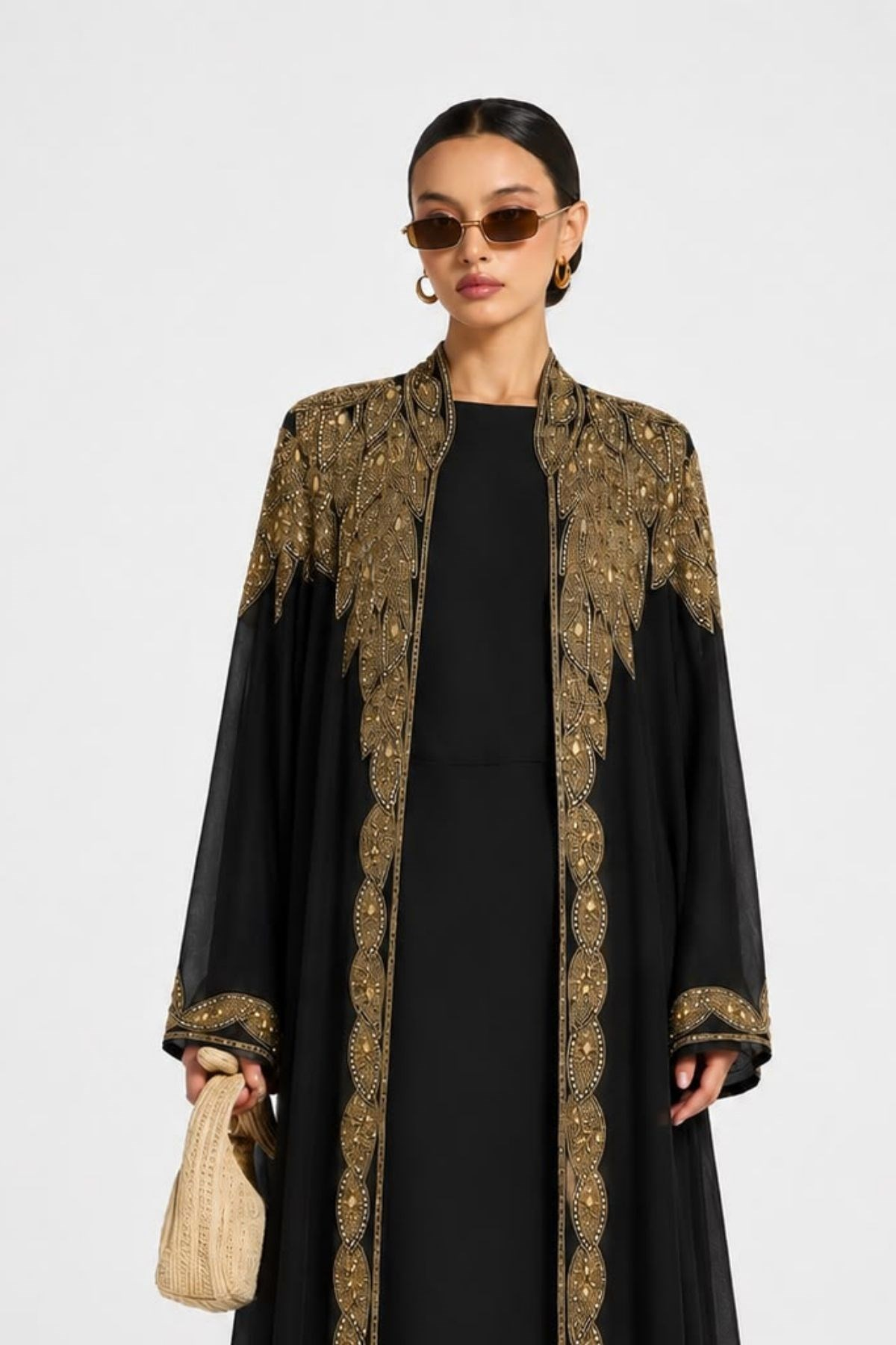 İthal Gold Kasnak İşlemeli Şifon Abaya