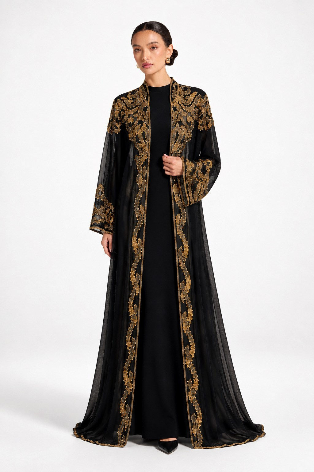 İthal Gold Kasnak İşlemeli Şifon Abaya