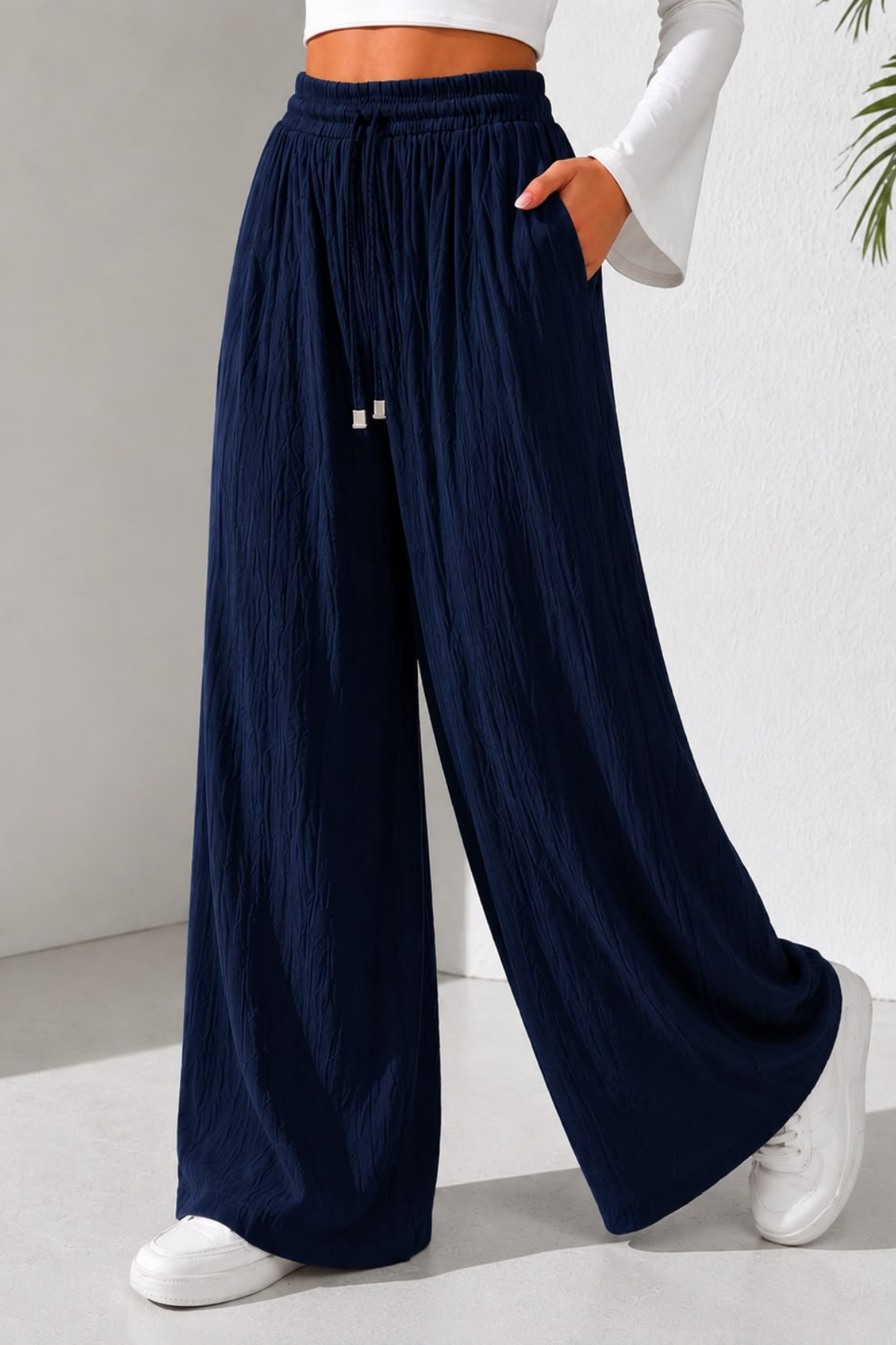 Lacivert Beli Lastikli Bol Paça Pantolon