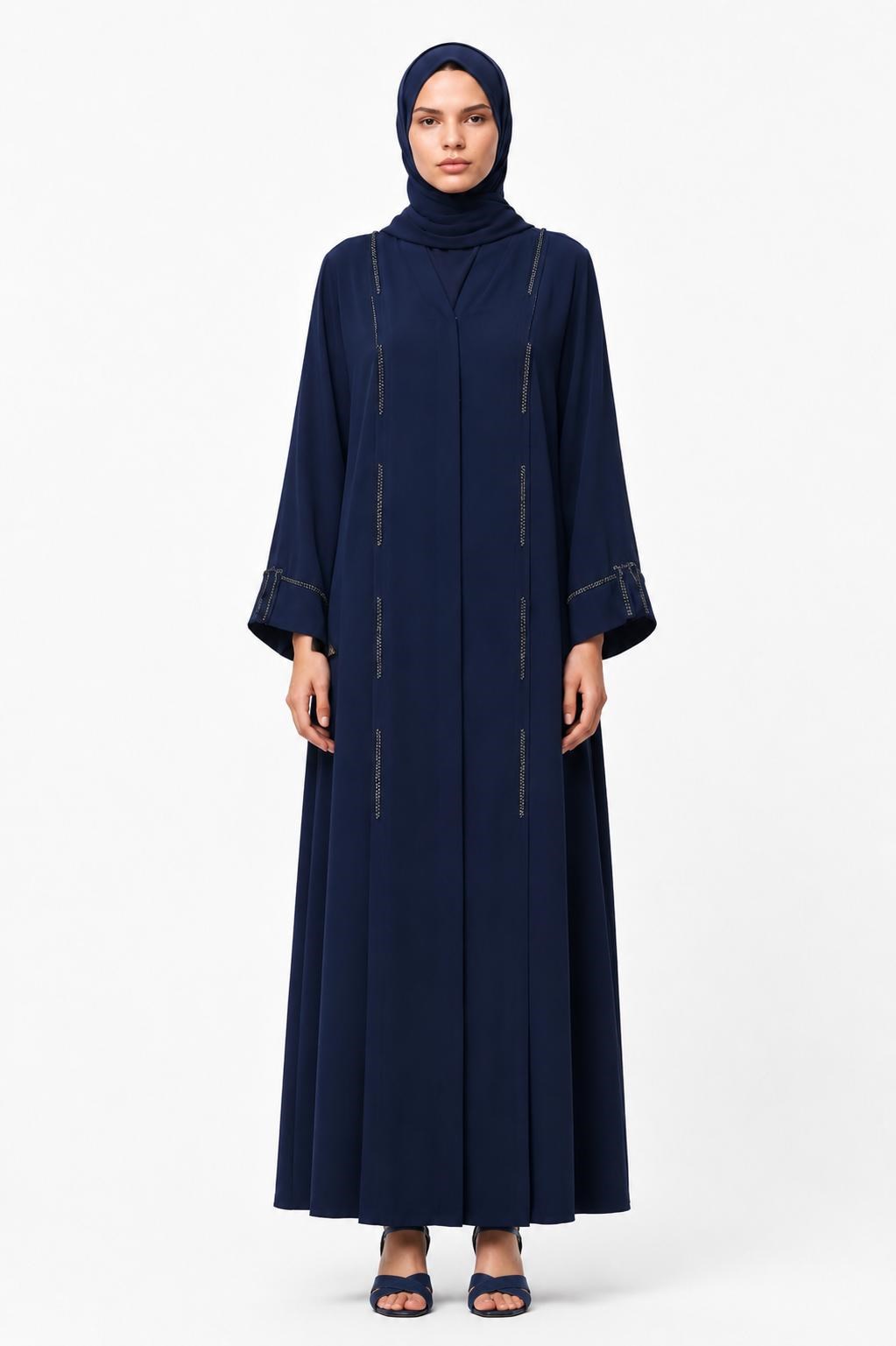 Lacivert Dubai İpeği Minimal Taş Detaylı Abaya