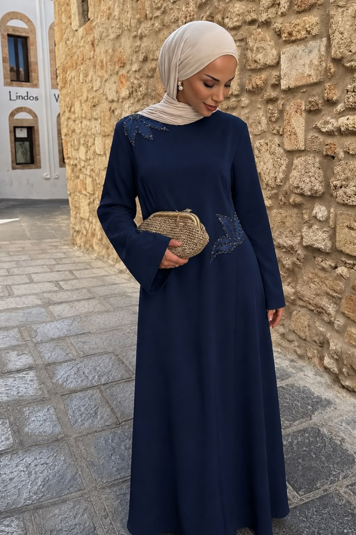 Lacivert İşlemeli Uzun Kollu Balıkçı Yaka Elbise